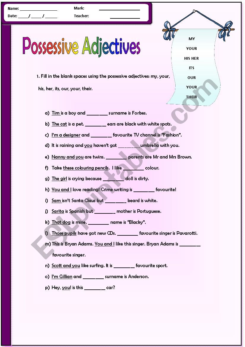 possessive adjective worksheet