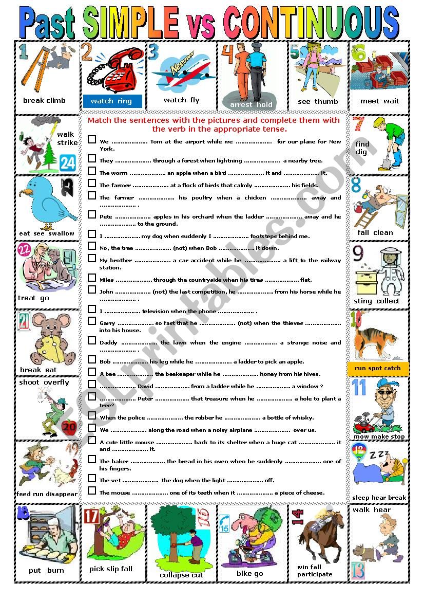 PAST SIMPLE VS CONTINUOUS -  Pictionary + Exercises + KEY + teachers extras