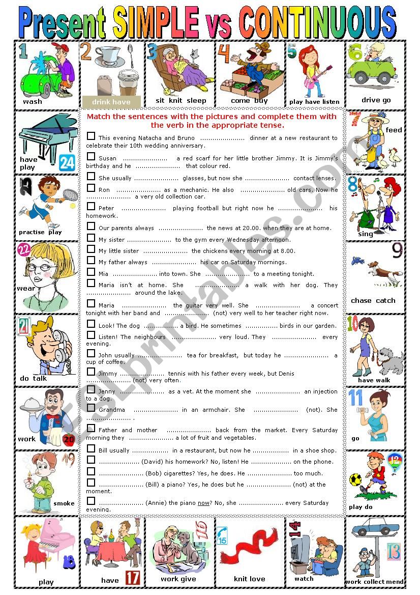 PRESENT SIMPLE VS CONTINUOUS -  Pictionary + Exercises + KEY