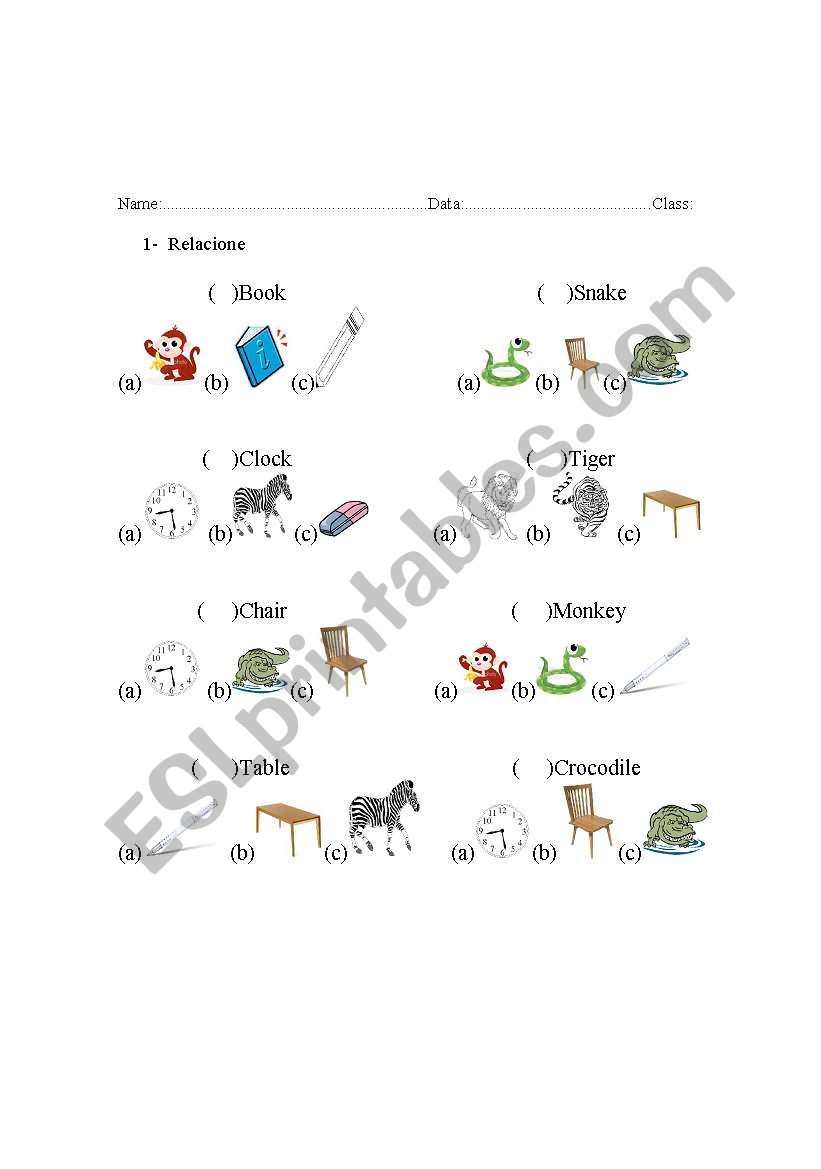 Animals, objects and colors. worksheet