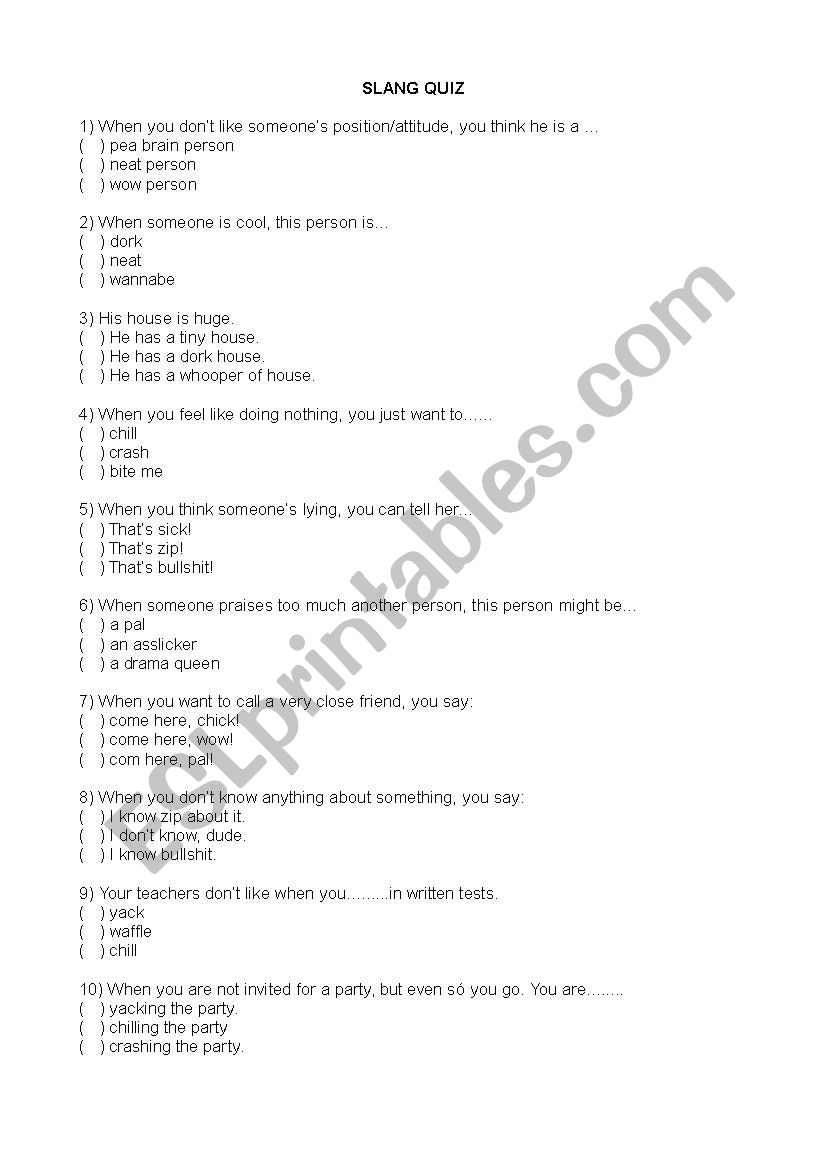 American Slang Quiz worksheet