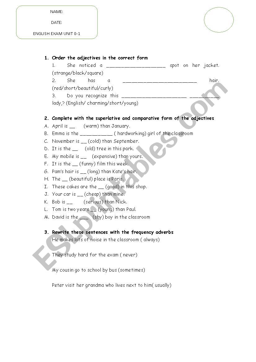 REVISION EXAM COMPARATIVES, SUPERLATIVE AND FREQUENCY ADVERBS