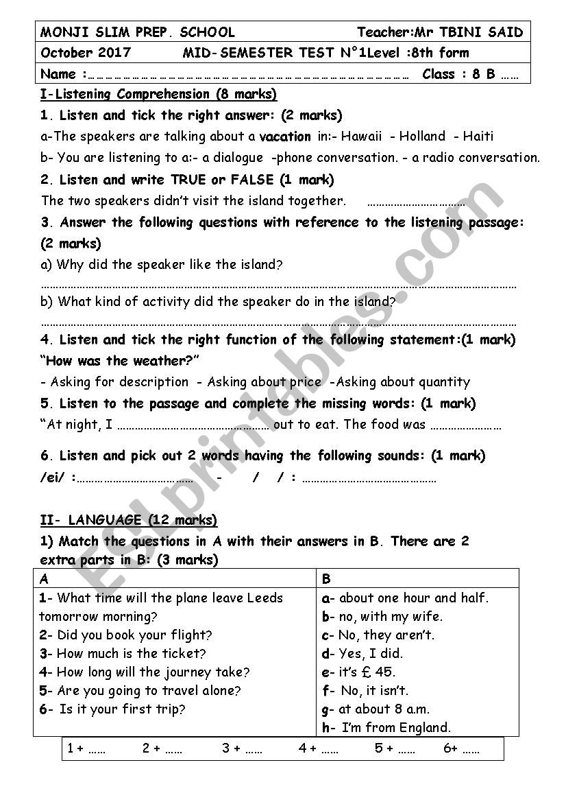 mid semester test 1 worksheet