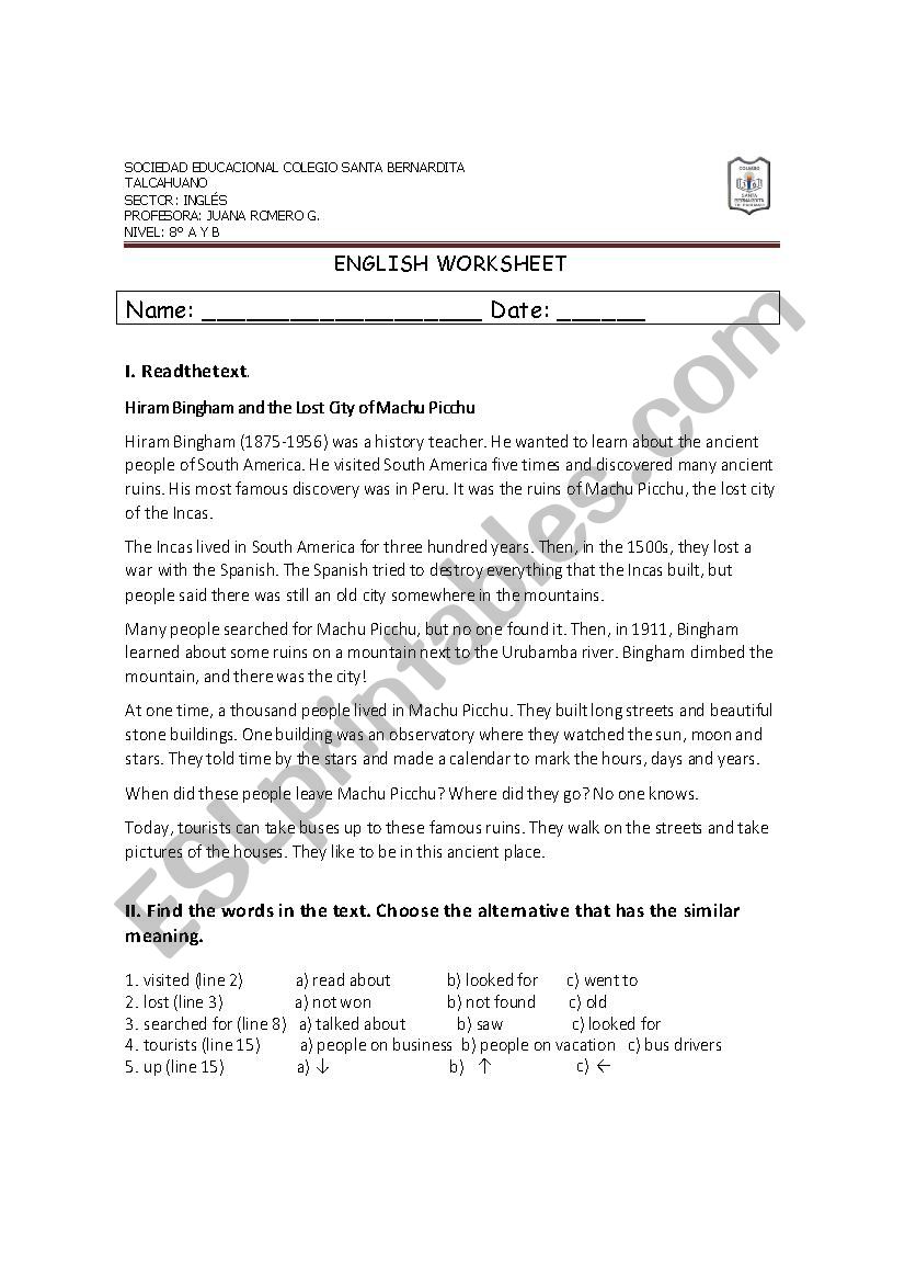 Machu Picchu Culture worksheet