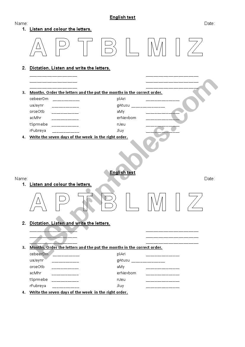 Alphabet, days and months test