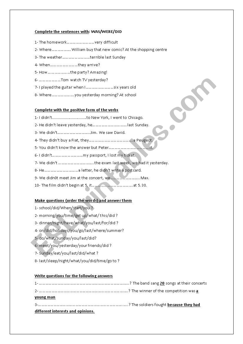 PAST SIMPLE WORKSHEET worksheet