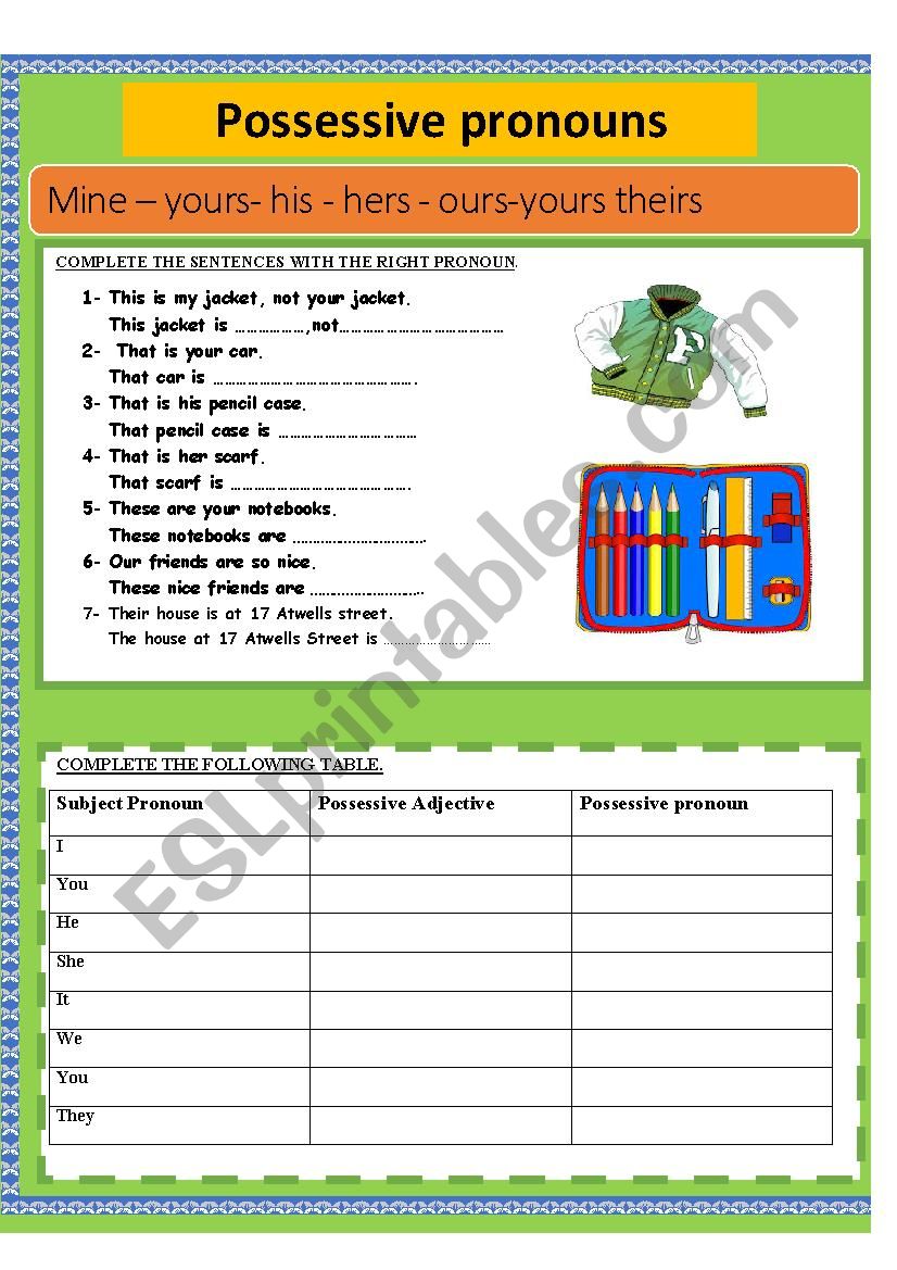 POSSESSIVE PRONOUNS worksheet