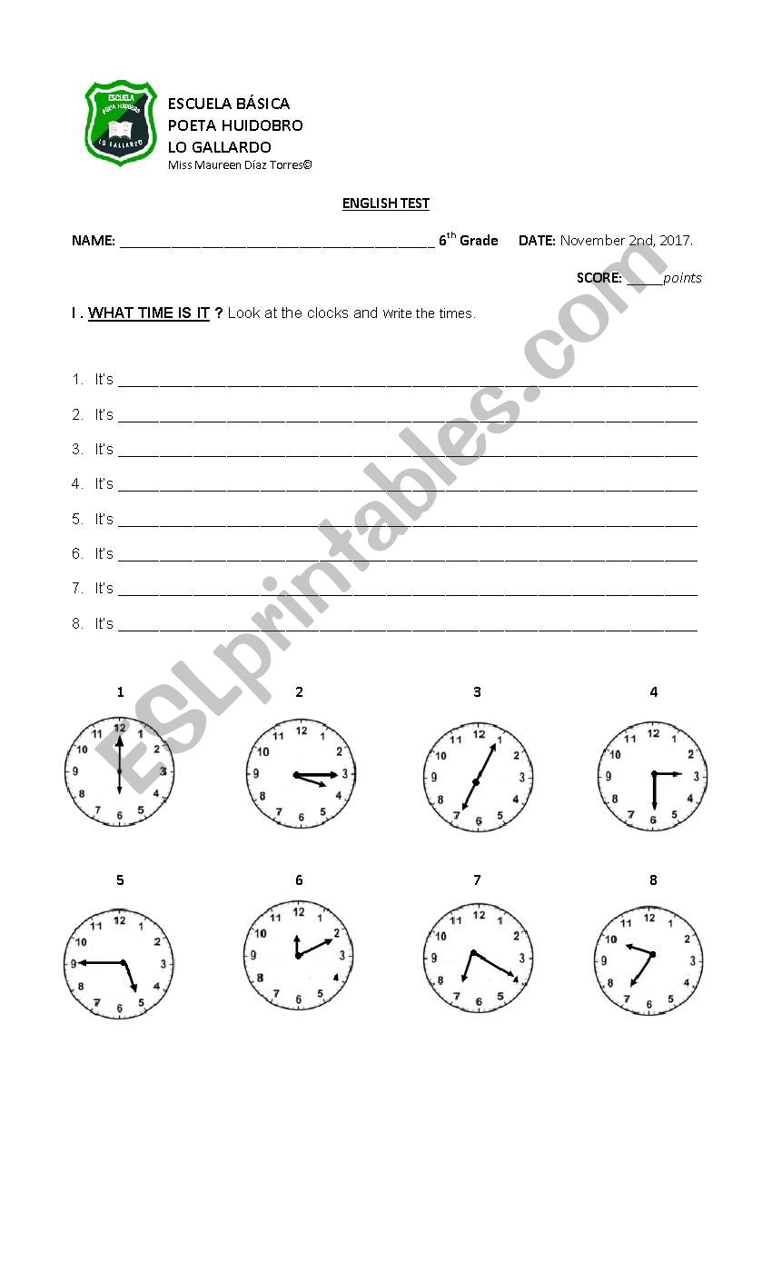 6th grade the time test easy  worksheet