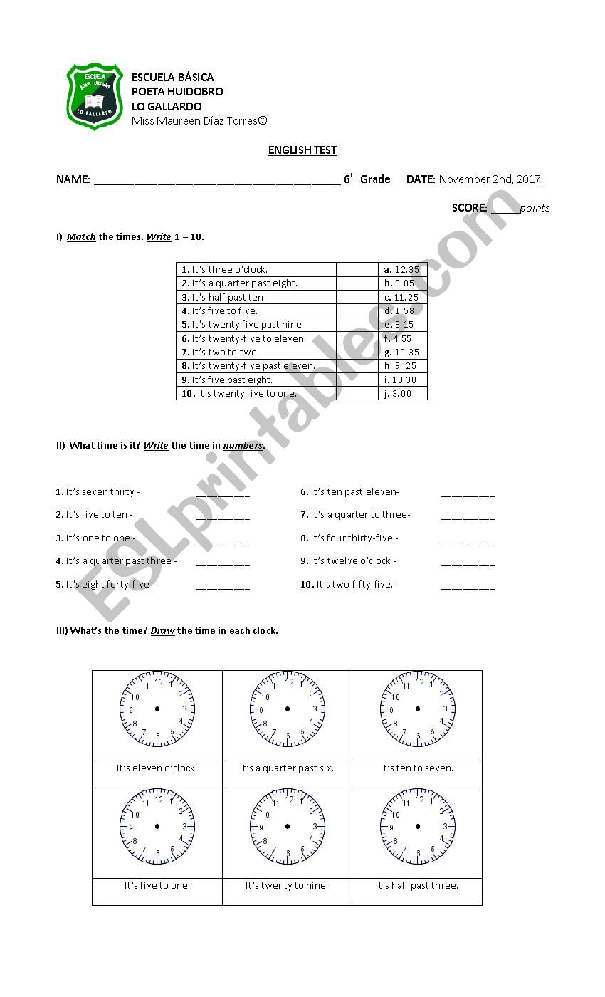 6th grade the time test worksheet