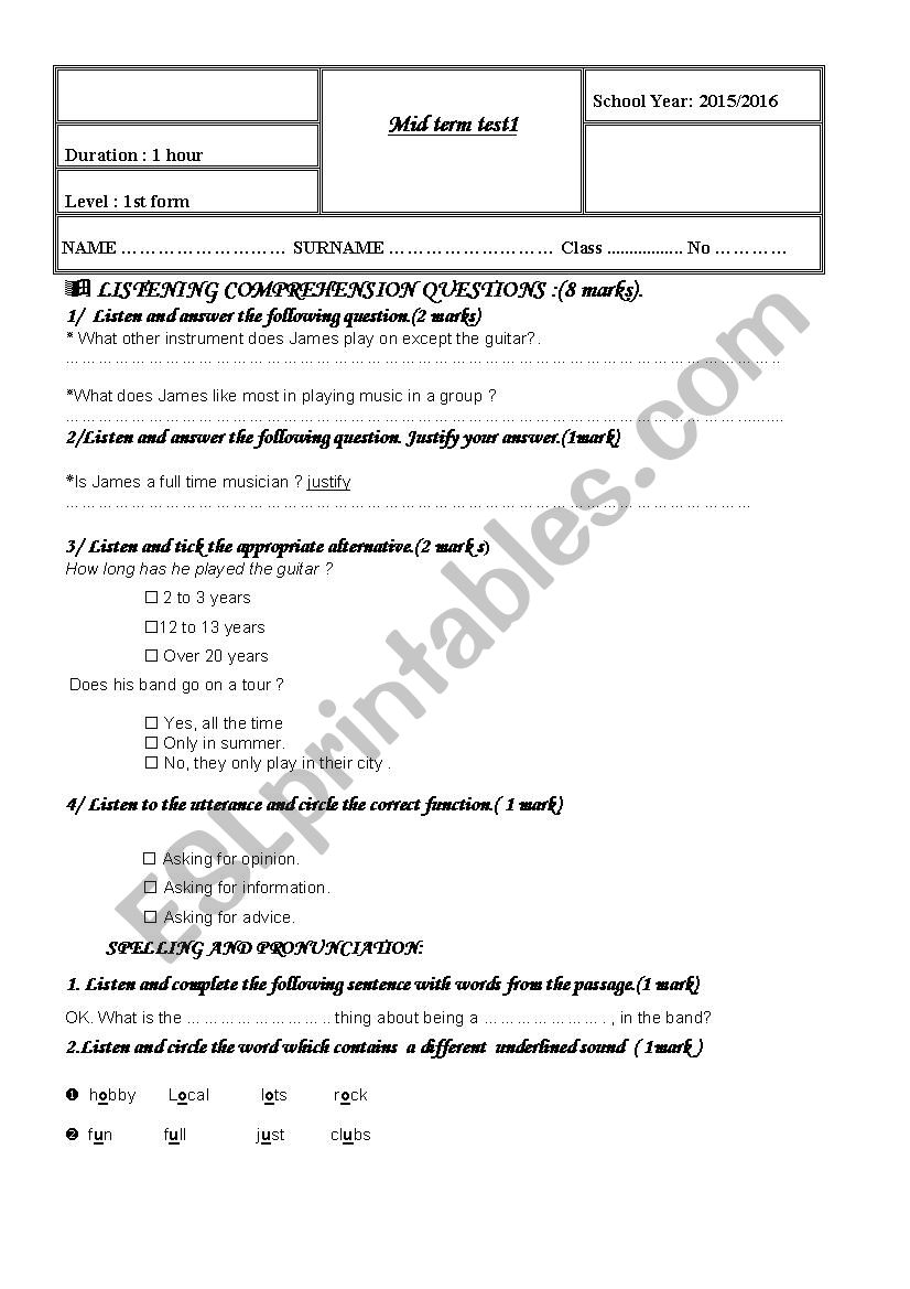 Firt form test1 worksheet Firt form test1 worksheet