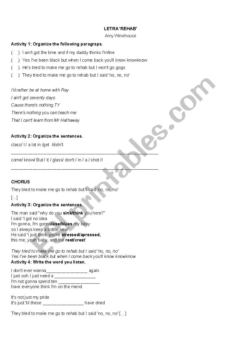 AMYS SONG REHAB worksheet