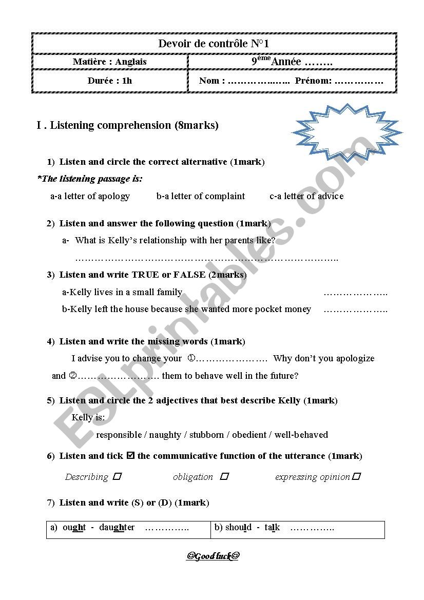 mid semester 1 test 9th form worksheet