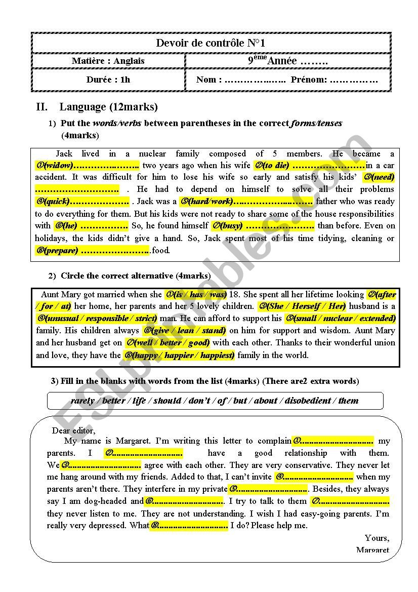 mid semester 1 test 9th form language part