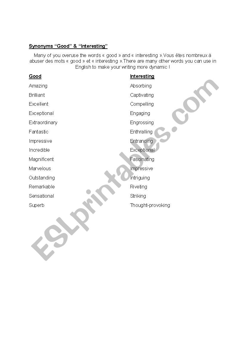 Synonyms Good & Interesting worksheet