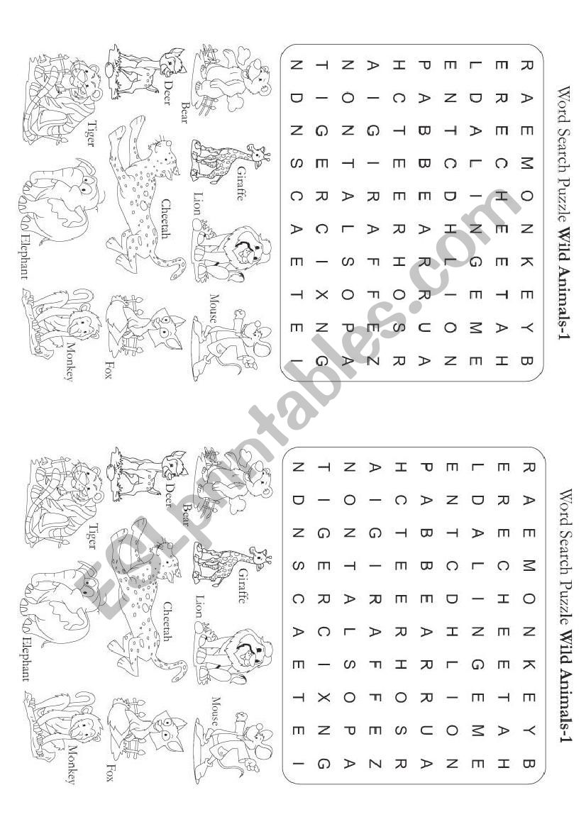 Animals word-search worksheet