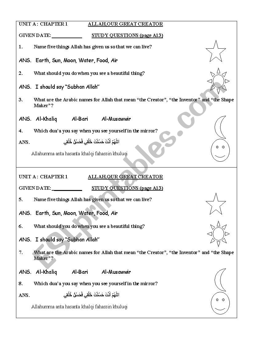 grade 1 I love Islam chapter 1 Q/A