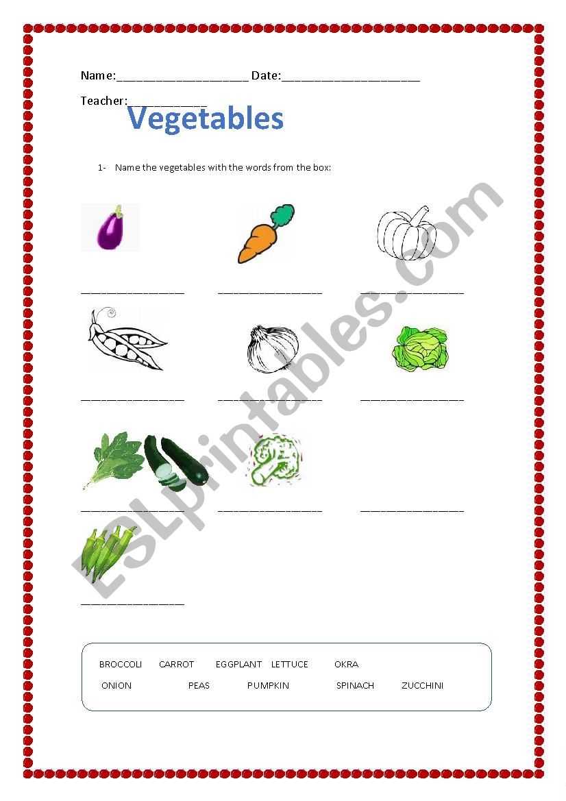 VEGETABLES worksheet