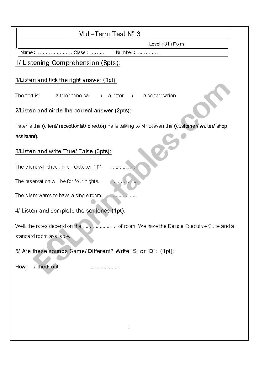 test intermediate level worksheet