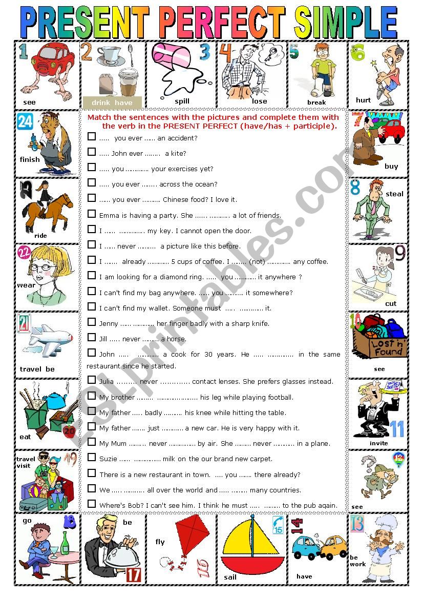 PRESENT PERFECT  SIMPLE -  Pictionary + Exercises + KEY + teacherÂ´s extras 