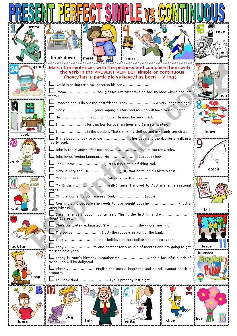 PRESENT PERFECT SIMPLE VS CONTINUOUS -  Pictionary + Exercises + KEY + teachers extras 