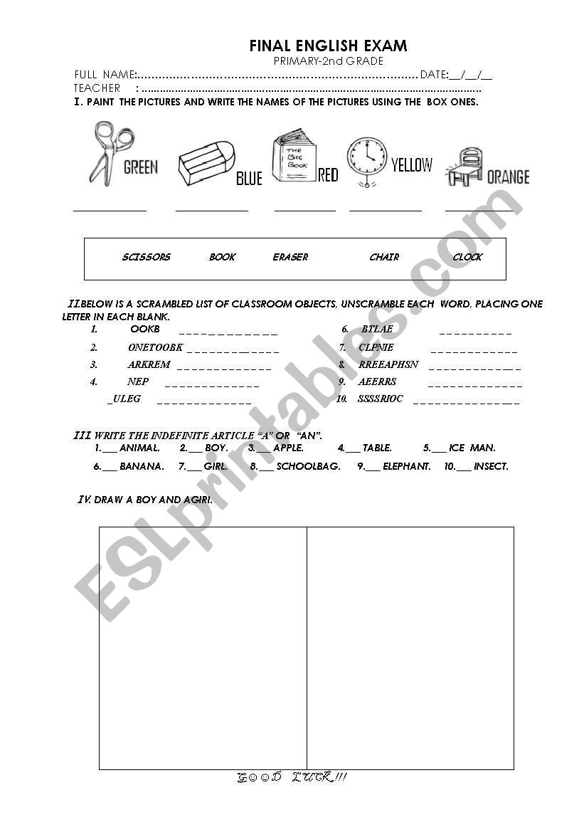 colors ,classroom objects, article A nd AN