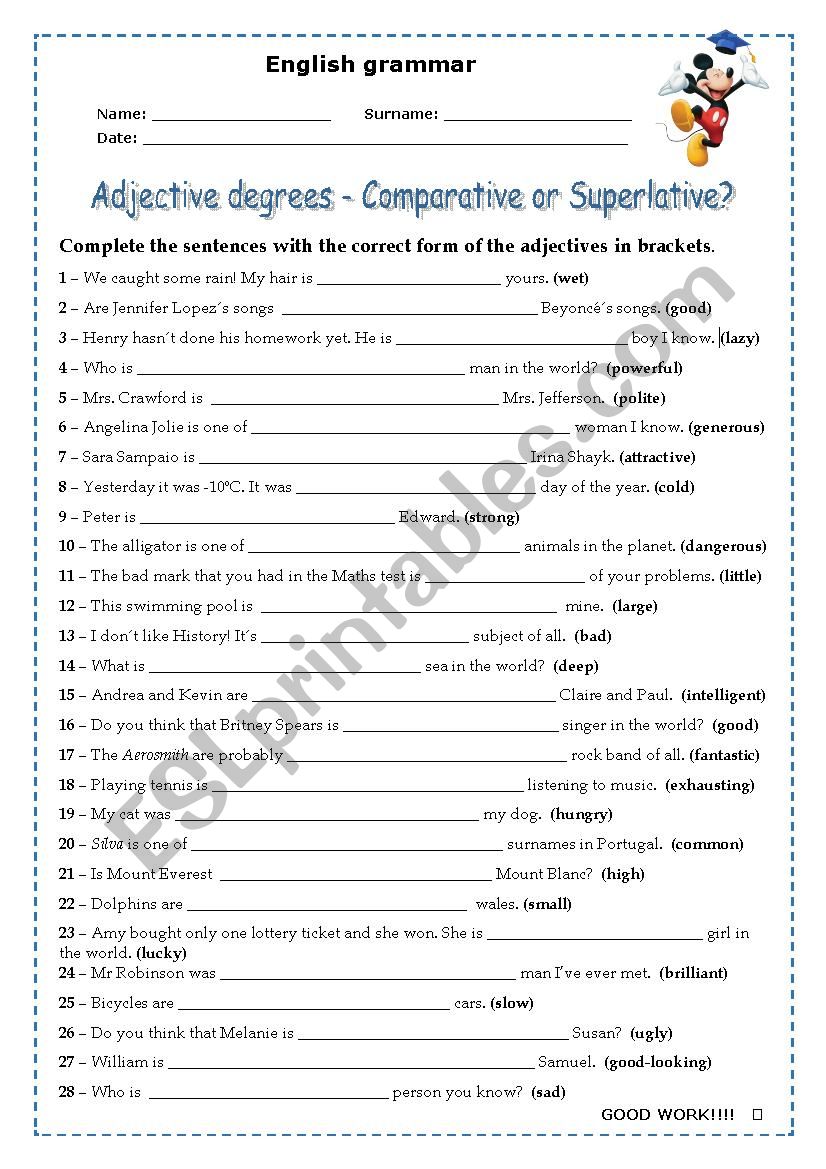 Adjective degrees - worsheet 2