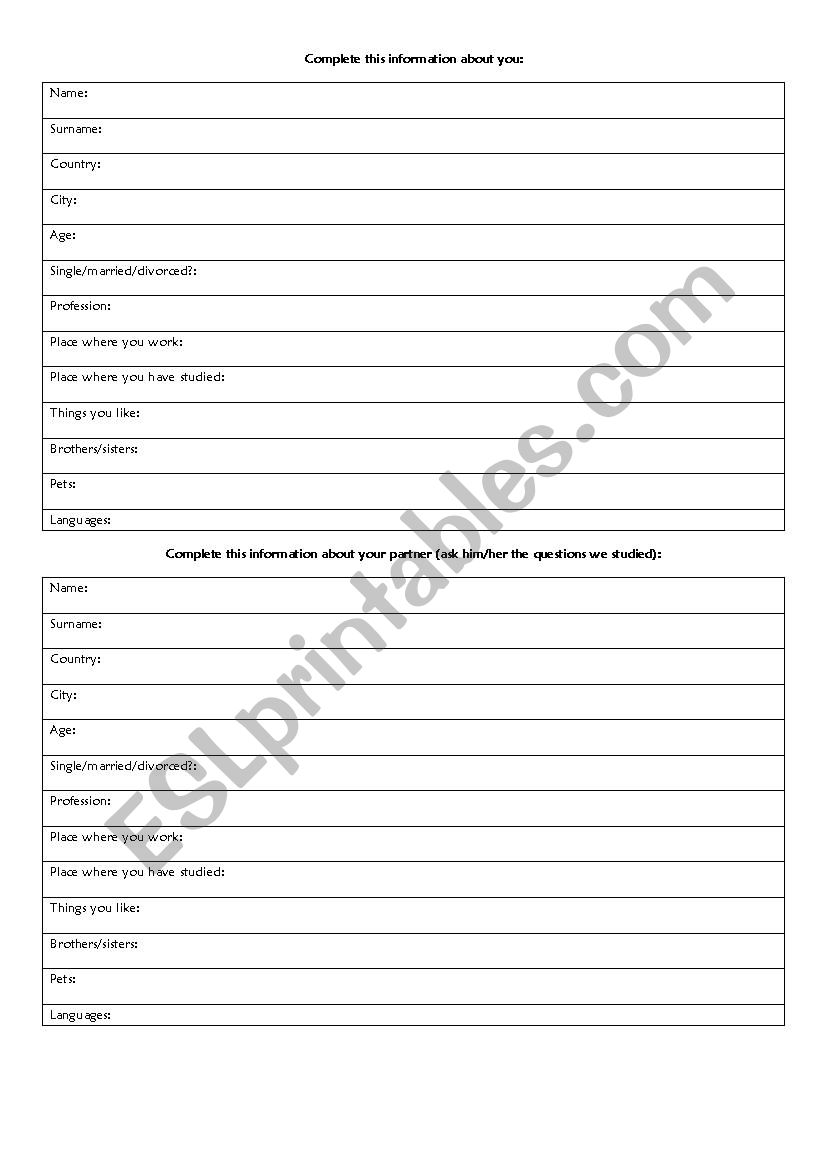 Basic Personal Info worksheet