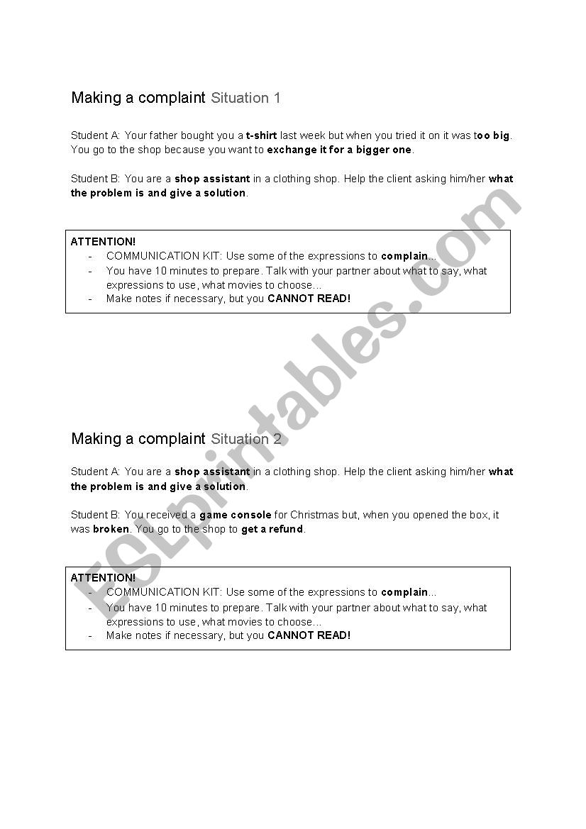 Oral practice: Making a complaint (dialogue)