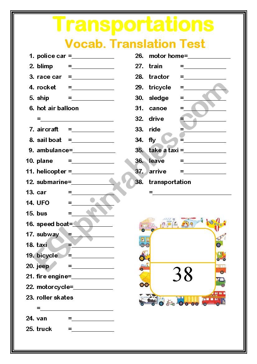 Transportation vocabulary translation test