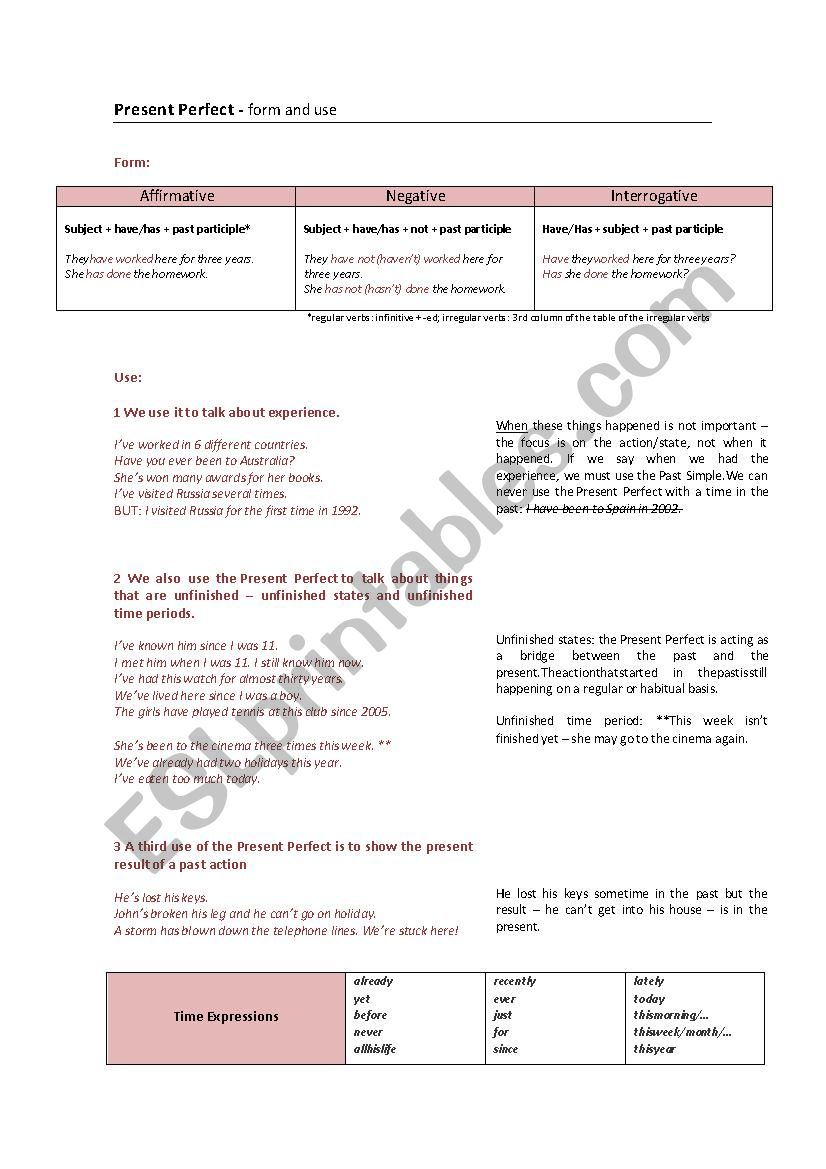 Present Perfect: form and use worksheet