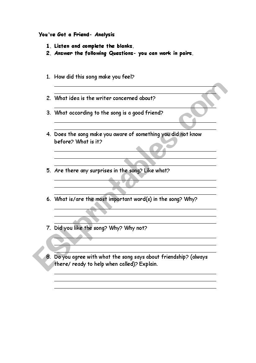 youve got a friend worksheet