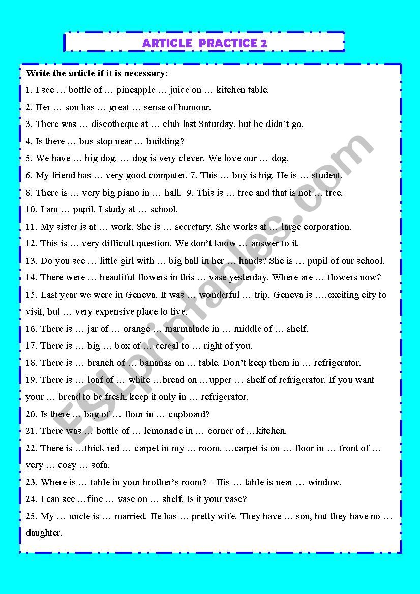 Article practise  worksheet