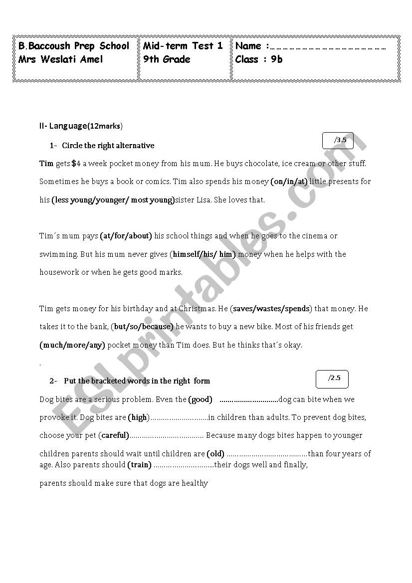 mid semester test worksheet