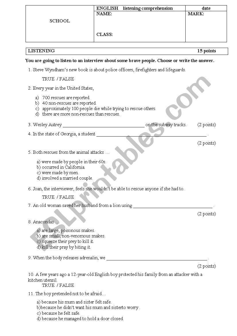 Being a Hero worksheet