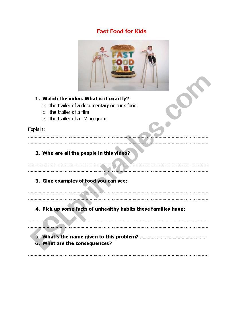 Fast Food for Kids worksheet