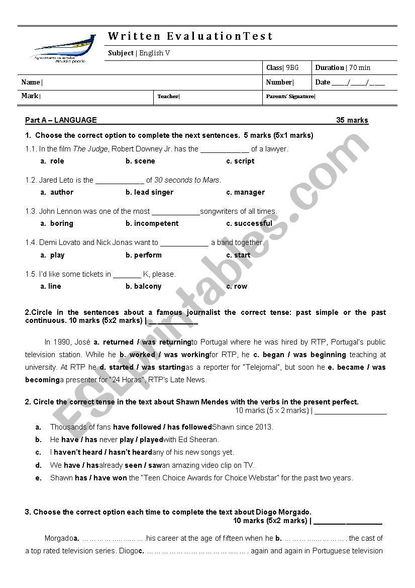 Year 9 Test - NEE - TV Series worksheet