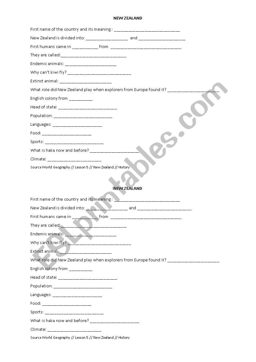 New Zealand  worksheet