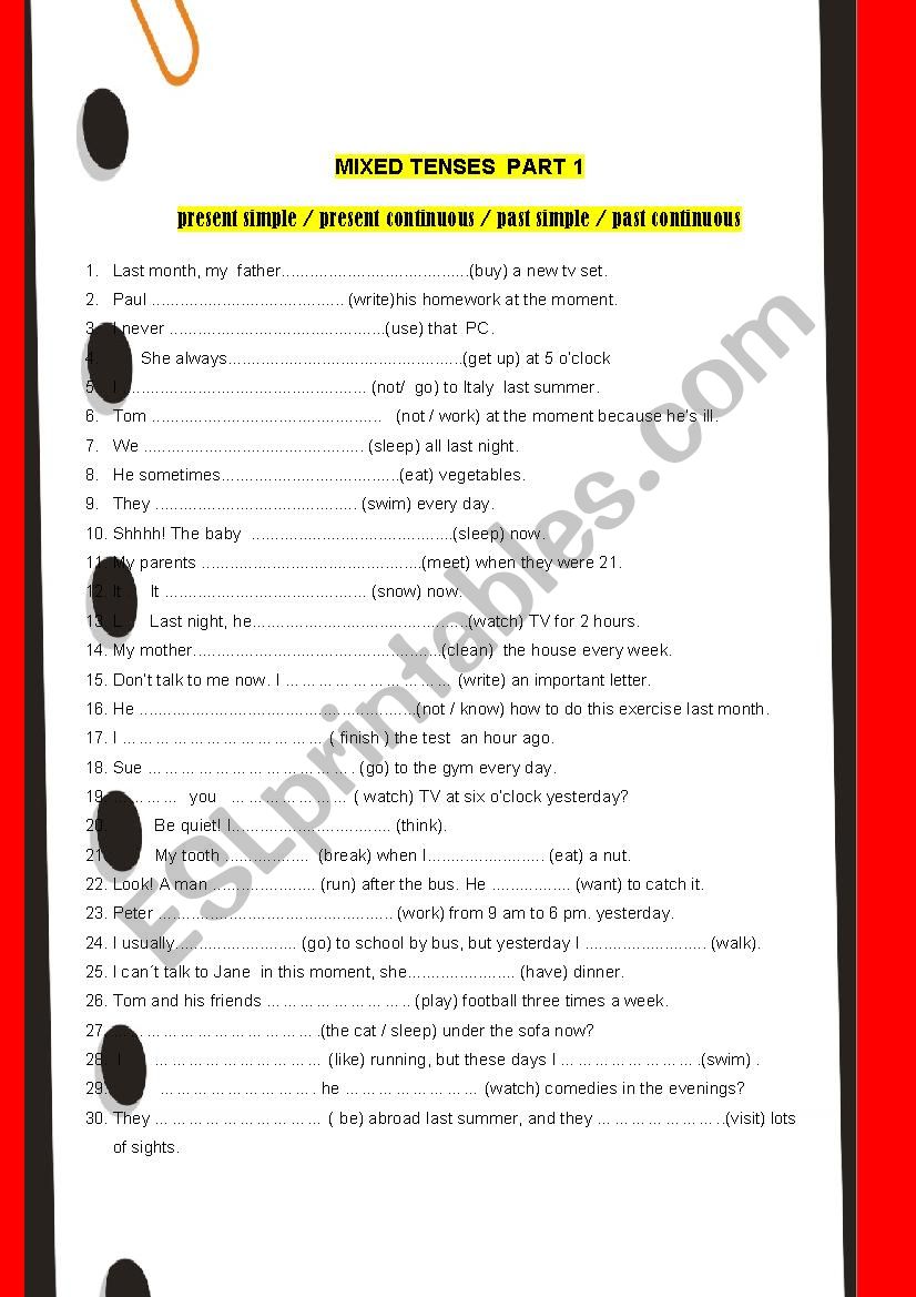 Mixed Tenses part 1 with key worksheet