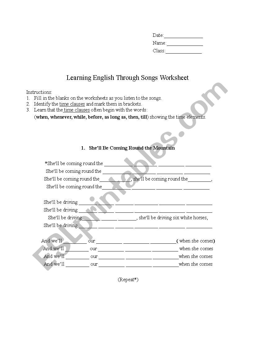Song lyrics and worksheets worksheet