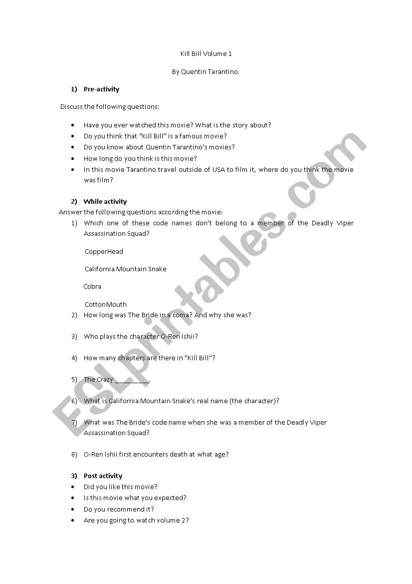 Kill Bill volume 1  worksheet