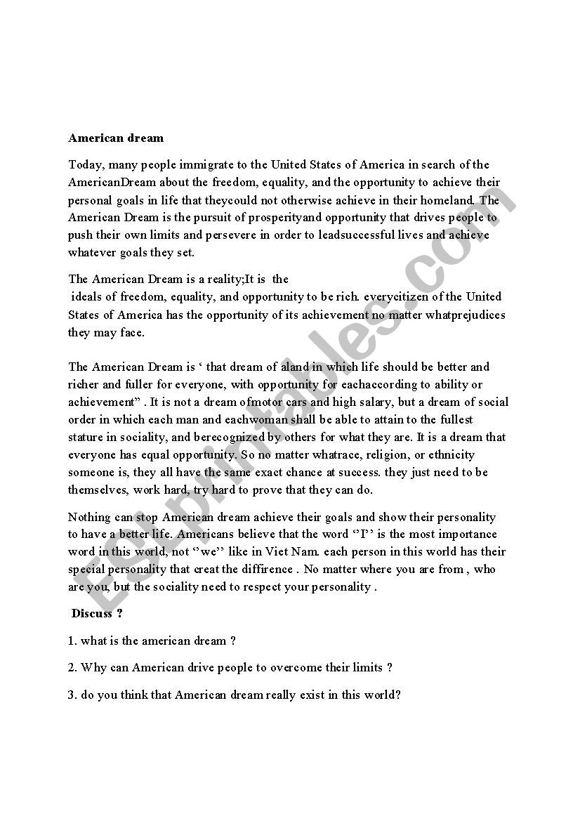 American dream worksheet