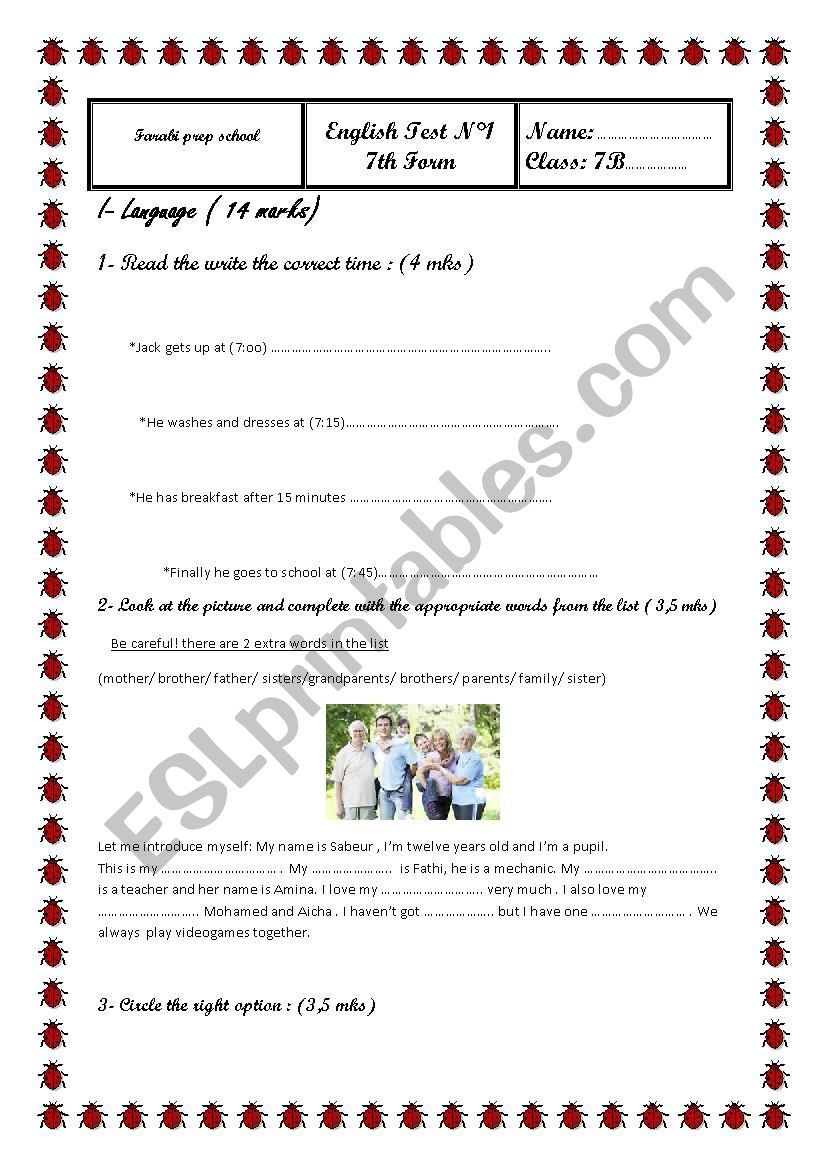 Mid term test 1 7th form worksheet