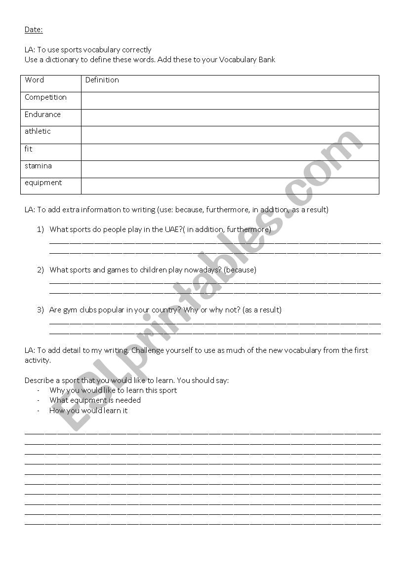 Sport worksheet