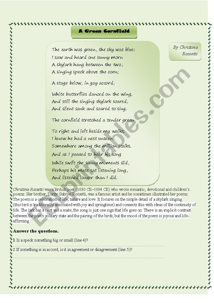 Green cornfield worksheet