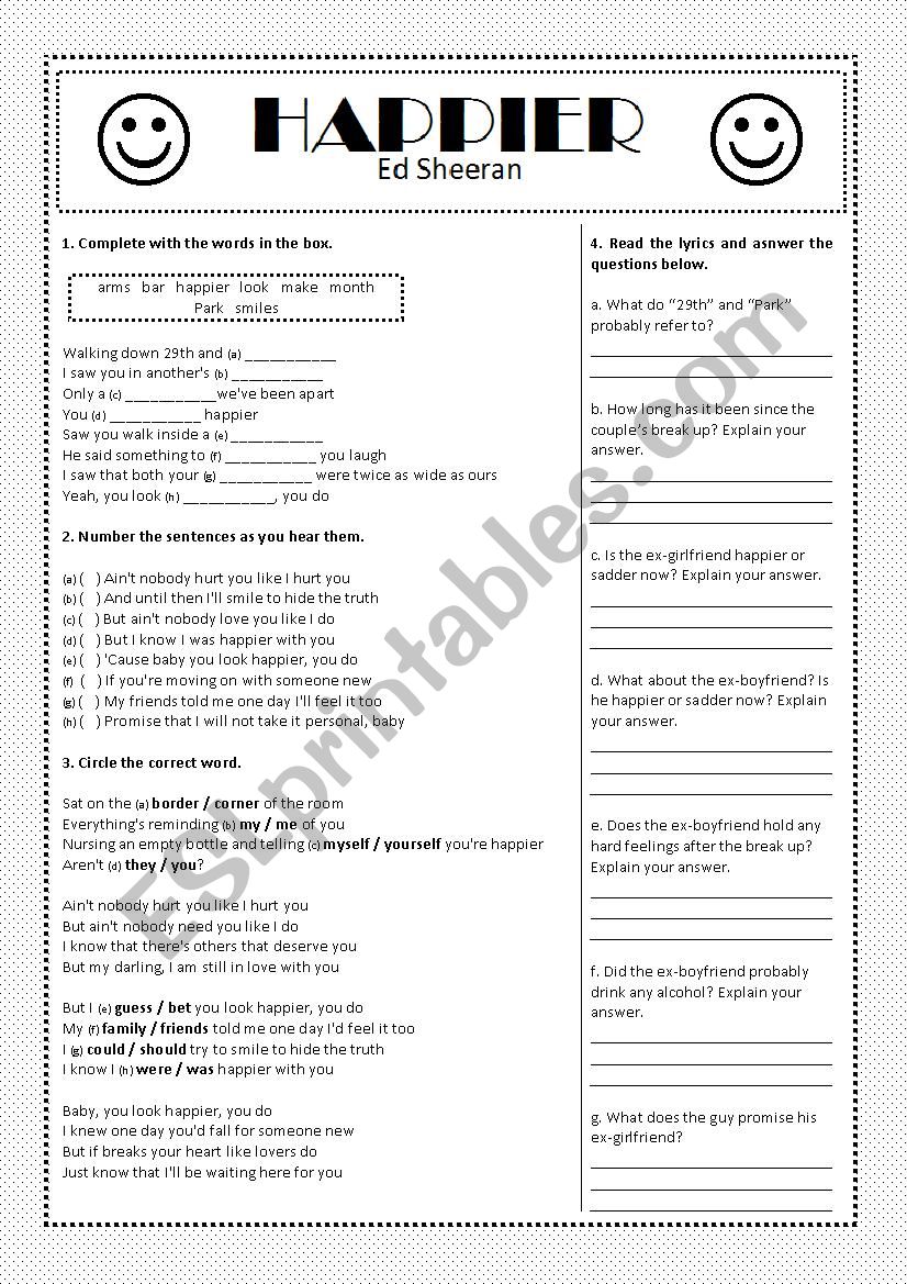 Happier - Ed Sheeran worksheet