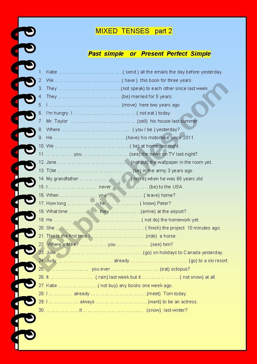 Mixed Tenses part 2 with key worksheet