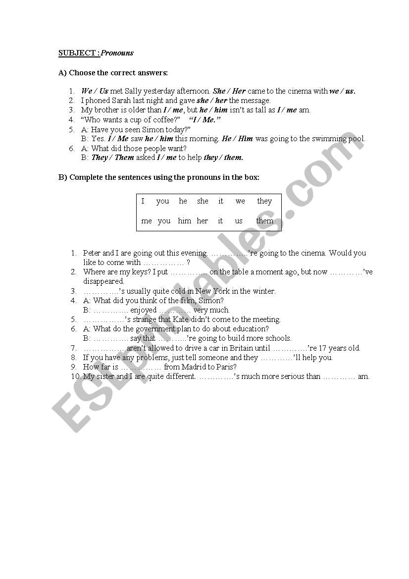 Subject and Object Pronouns and Present Simple