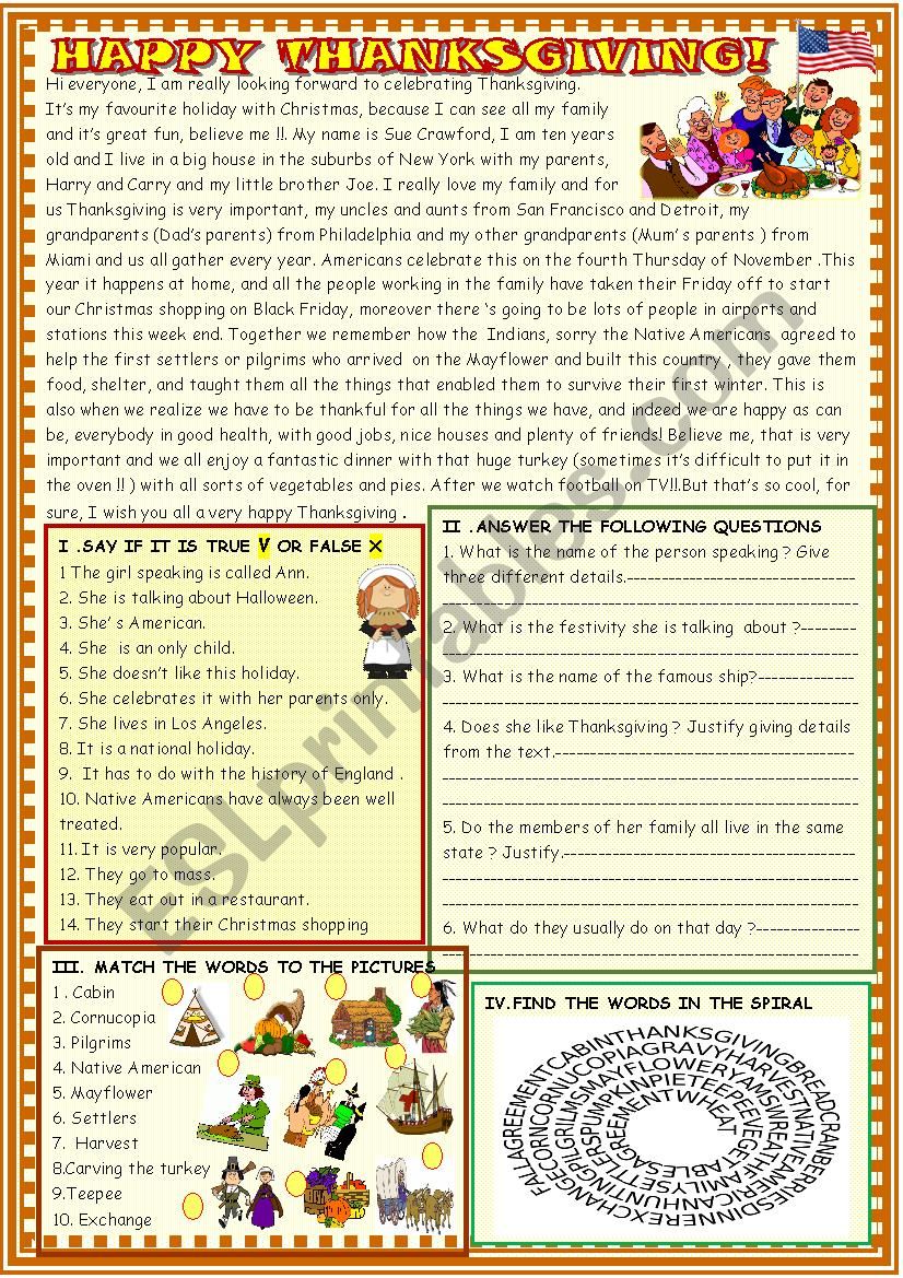 Happy Thanksgiving; reading worksheet