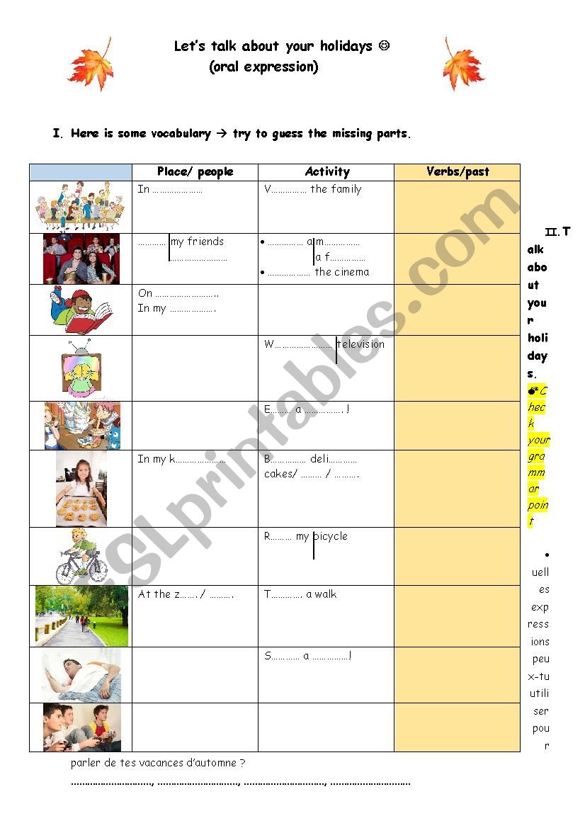 My autumn holidays worksheet