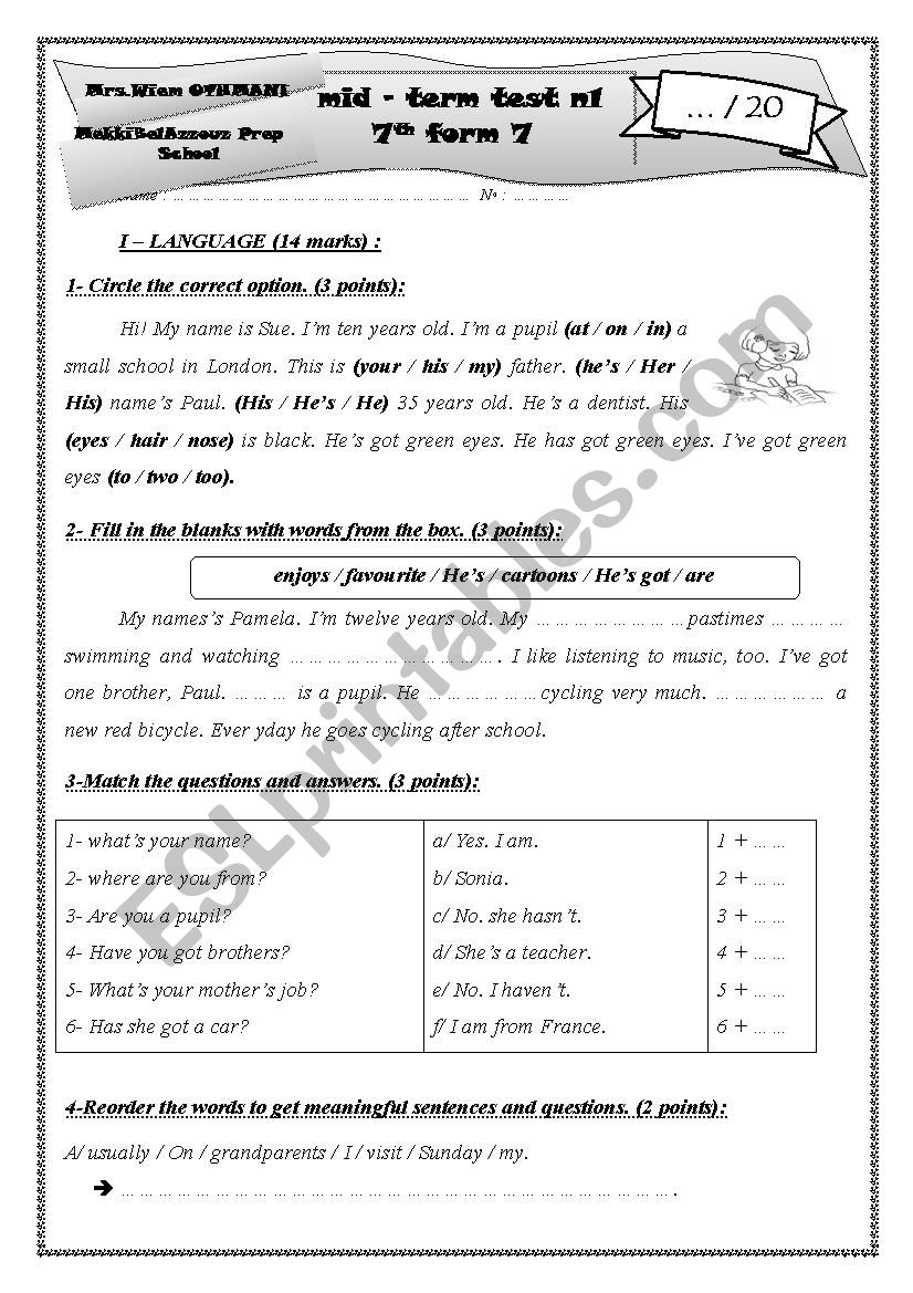 7th form test 1 2017/2018 worksheet